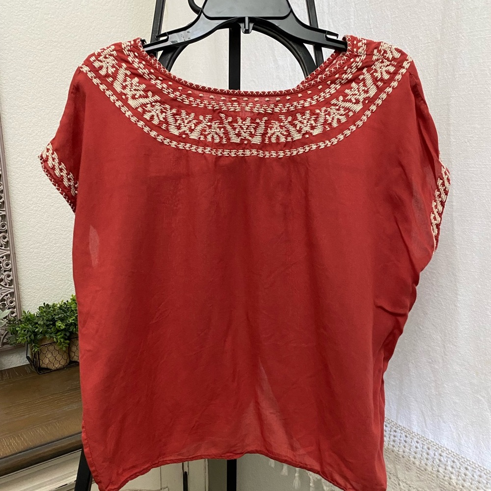 Lucky Brand Embroidered Boho Peasant Blouse | Red | Flowy Top